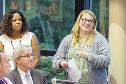 Matea Pejic describes her involvement with the Campus Vote Project to the WCC Board of Trustees during its September meeting.